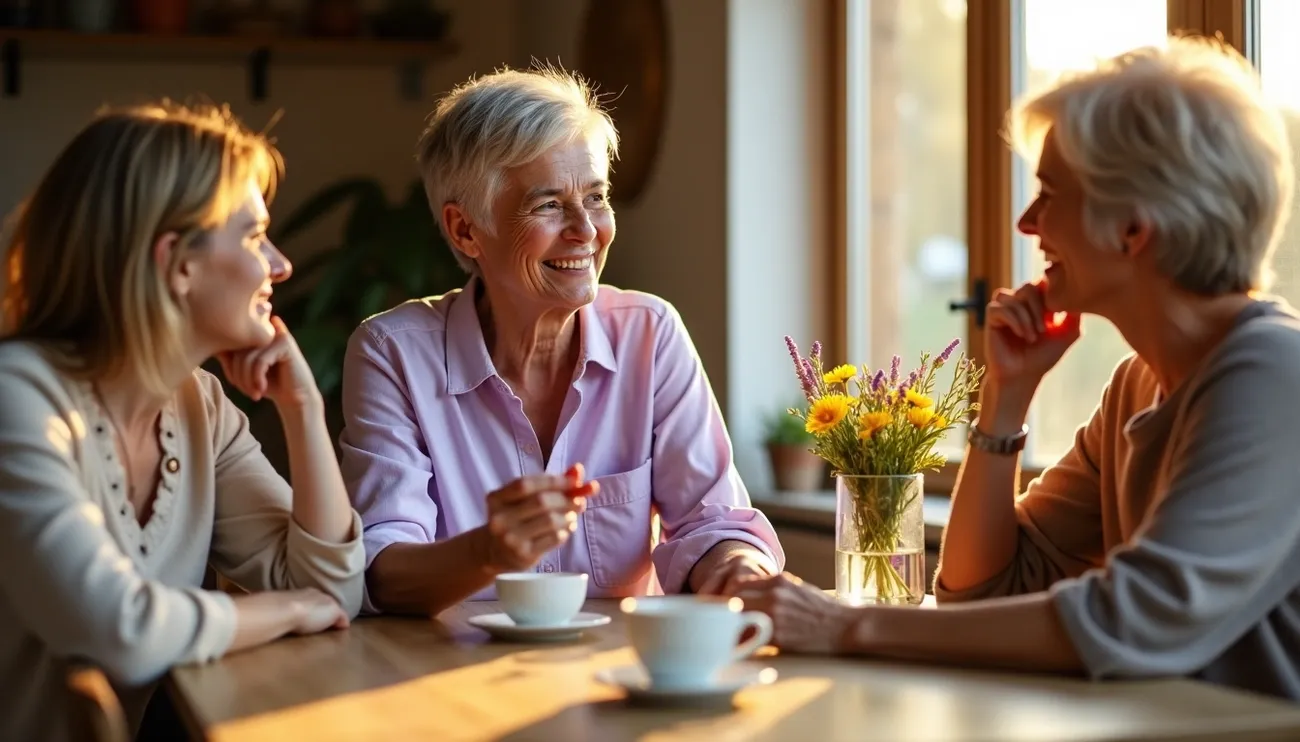 Three women having a thoughtful conversation over coffee at a sunlit table with a vase of flowers.
