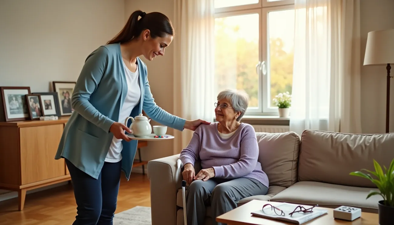 A caregiver offers tea to an elderly woman sitting on a couch in a cozy living room.