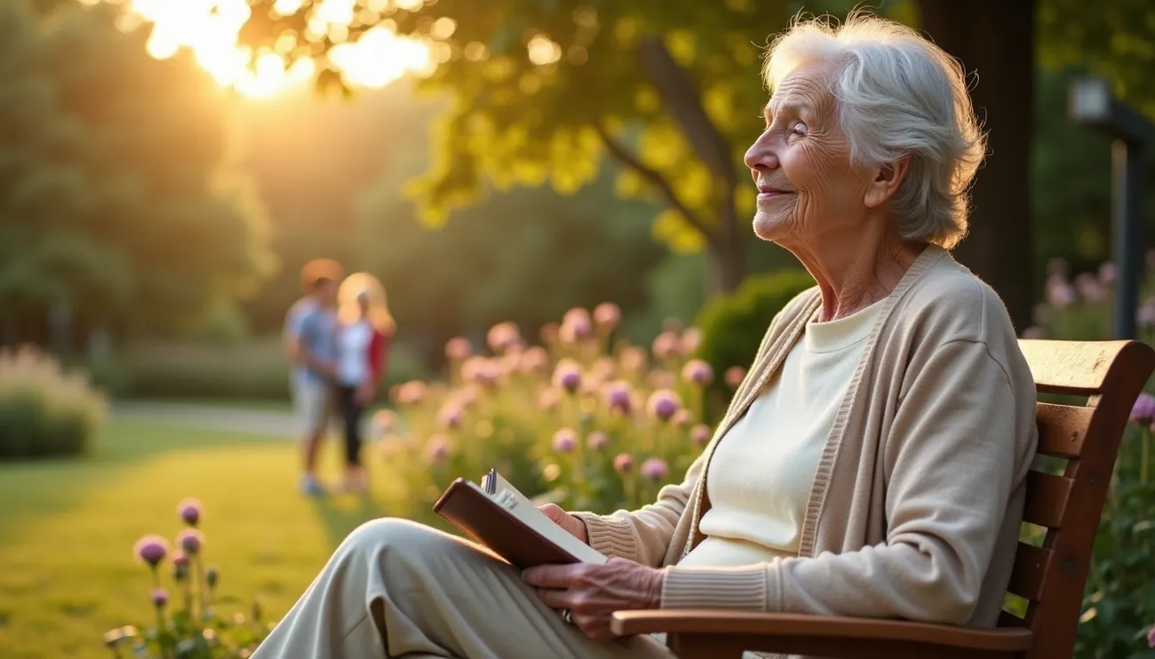 Elderly woman sitting on a bench reading a book in a sunlit garden with flowers and a couple in the background.