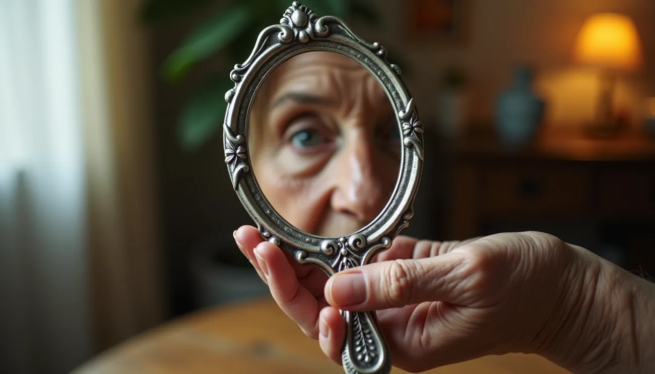 Hand holding an ornate vintage hand mirror with a blurred reflection in a cozy room with warm lighting.