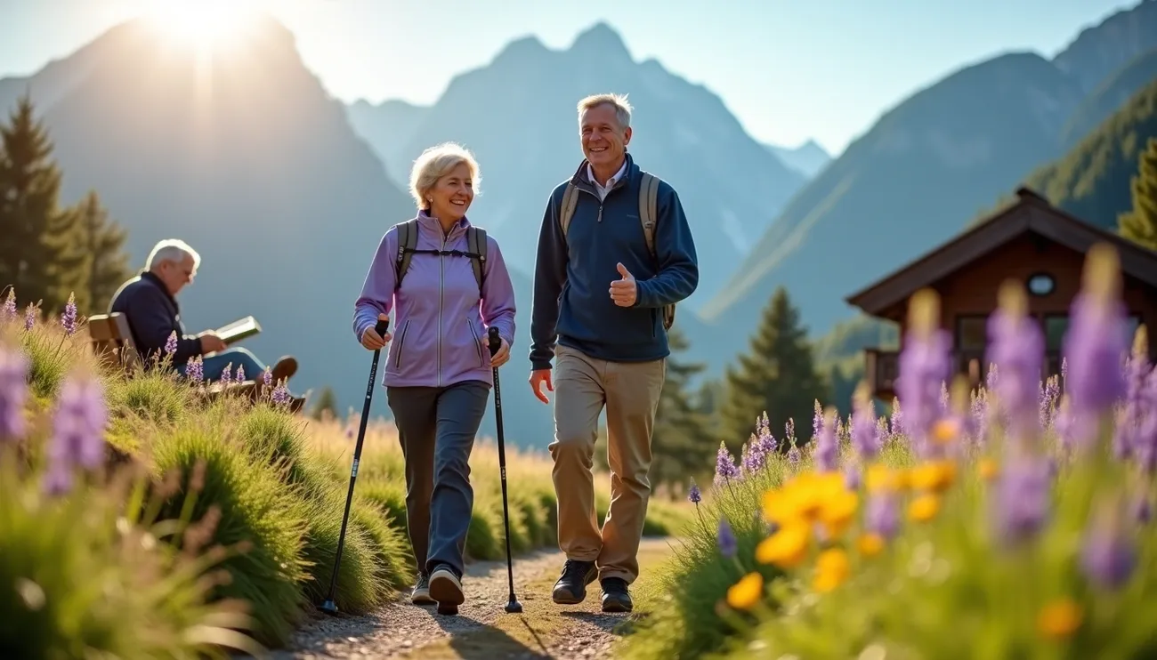 Two seniors hiking on a mountain trail surrounded by wildflowers with a cabin and mountains in the background.